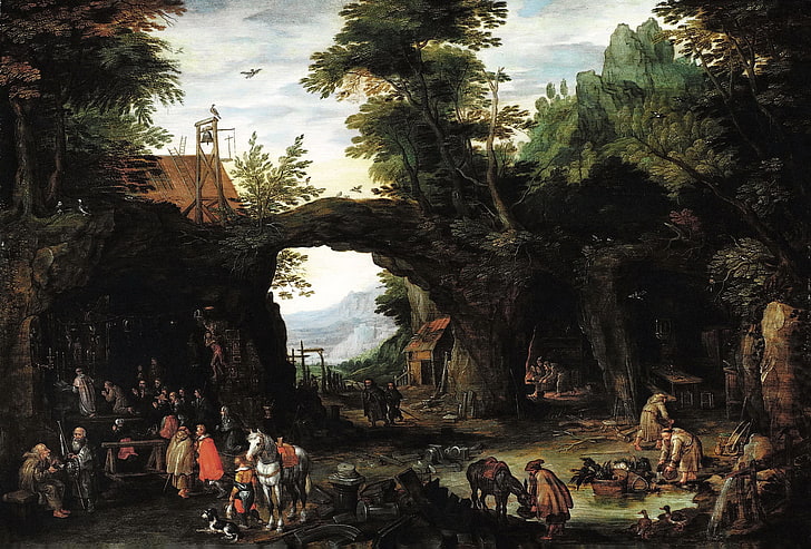 green and brown tree painting, Jan Brueghel , classic art, group of people