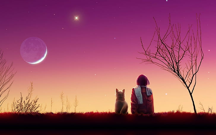 kagaya moon, anime backgrounds, girl, cat, sunset, nature