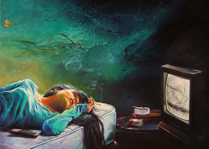 artwork, painting, women, TV, cigarettes, long hair, smoking