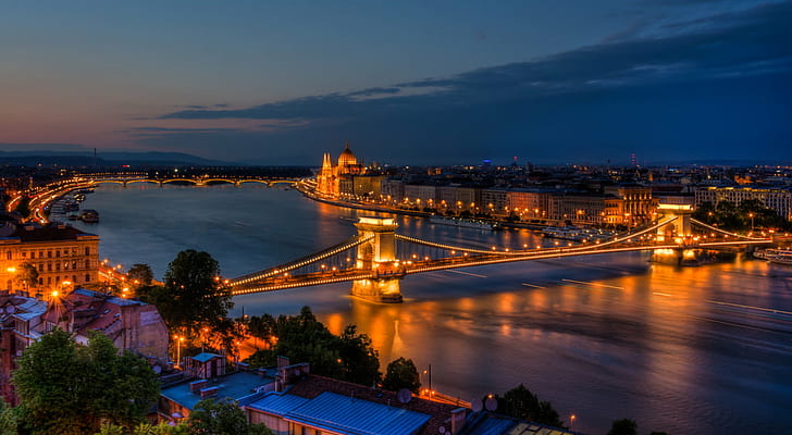 Golden Bridge photo, One Night, Budapest, House, reflections, HD wallpaper