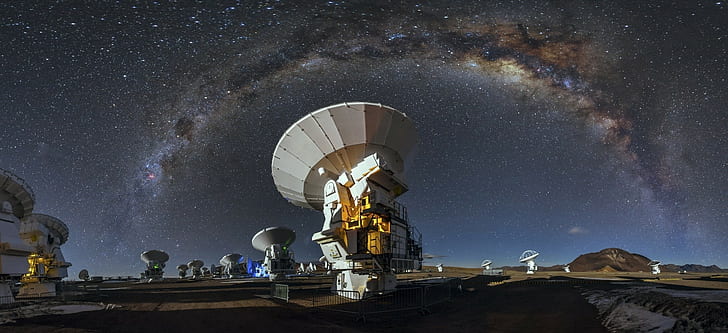 landscape nature milky way starry night alma observatory atacama desert chile technology long exposure galaxy, HD wallpaper