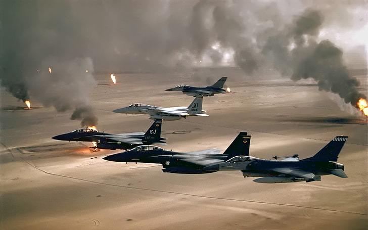 five gray jet fighters, aircraft, General Dynamics F-16 Fighting Falcon