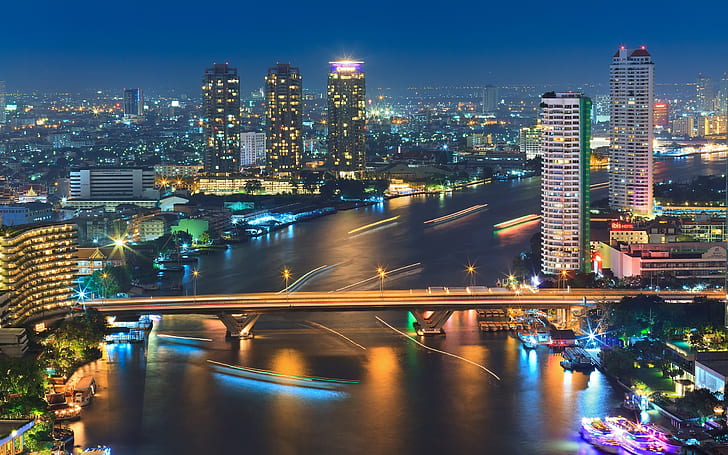 Bangkok, Thailand, city night, river, lights, bridge, boat, buildings, city skyline photography