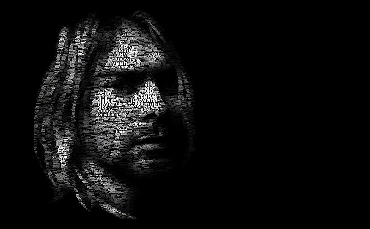 Kurt Cobain Portrait, Kurt Cobain word cloud, Artistic, Typography