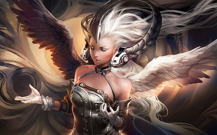 female angel wearing gray strapless top wallpaper, CGI, fantasy art, HD wallpaper