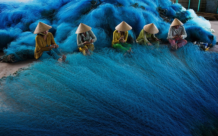 five persons photography, women, vietnamese, fishing, fishing nets, HD wallpaper