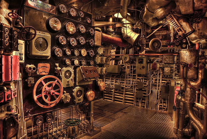 red steering wheel, pipe, style, ship, steampunk, valve, mechanisms, HD wallpaper