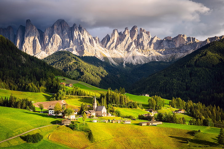 mountains, the sky, clouds, light, home, valley, Alps, Italy, HD wallpaper
