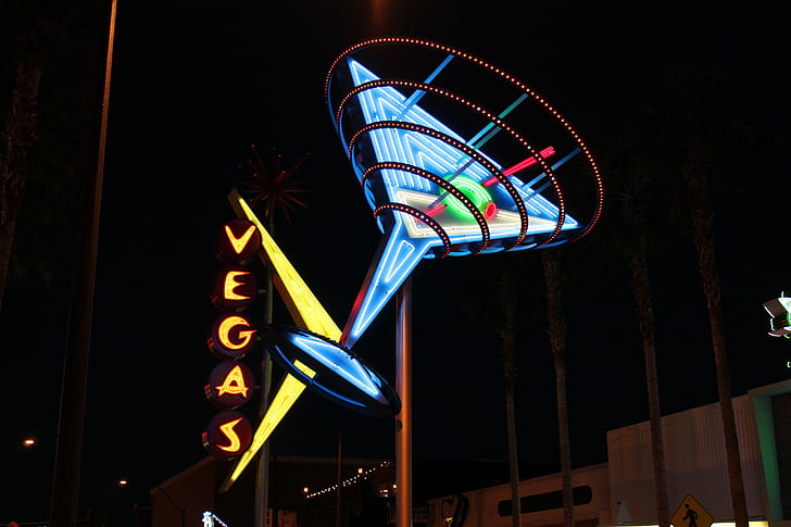Las Vegas, neon, signs, night, cyan, HD wallpaper