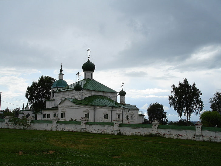 white and teal cathedral, kostroma, russia, sky, grass, church