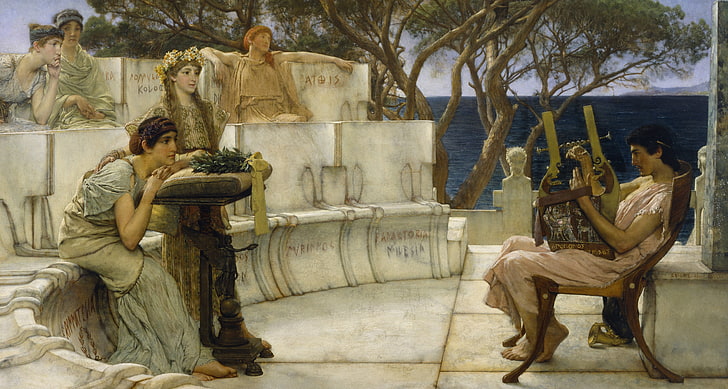 music, picture, mythology, Lawrence Alma-Tadema, Sappho and Alcaeus