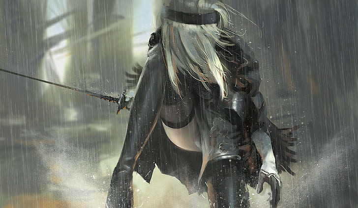 NieR, rain, Nier: Automata, silver hair, weapon, gloves, boots