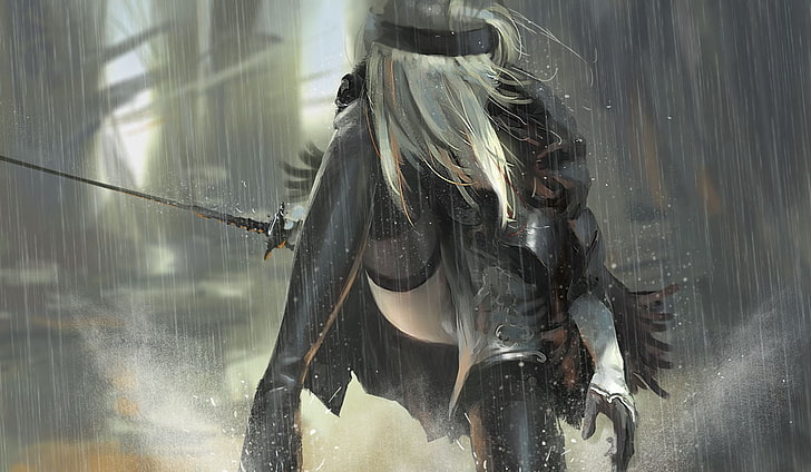 gray-haired woman holding sword anime, NieR, thigh-highs, silver hair