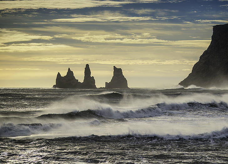 rock islets on sea at daytime, iceland, iceland, Reynisdrangar, HD wallpaper