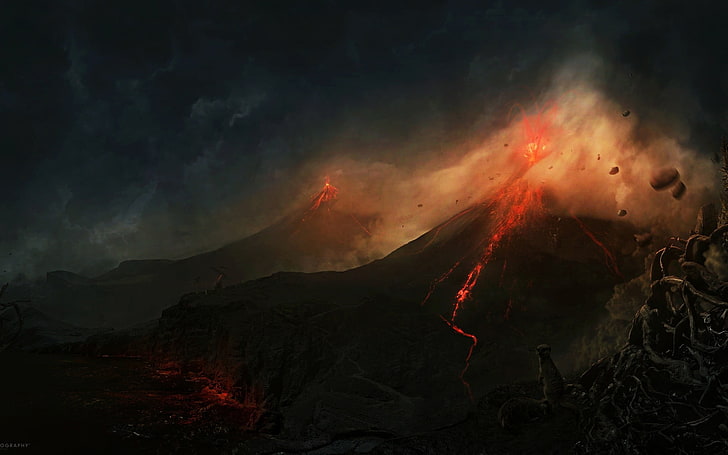 volcano eruption illustration, digital art, artwork, nature, landscape, HD wallpaper