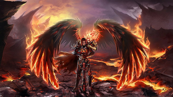 man with sword digital wallpaper, fantasy art, burning, fire