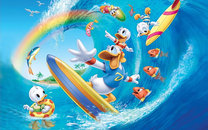 Walt Disney Donald Duck Summer Surf Beach Sea Fish Cartoon Pictures Desktop Wallpaper Hd For Mobile Phones And Laptops 2560×1600