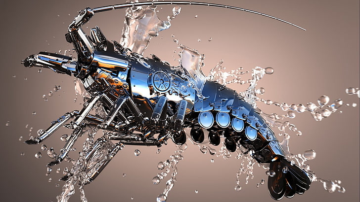 blue and grey crayfish, digital art, animals, CGI, render, splashes