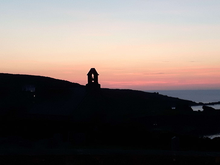 beach sunset, bell, chapel, chapel silhouette, church, cliff coast