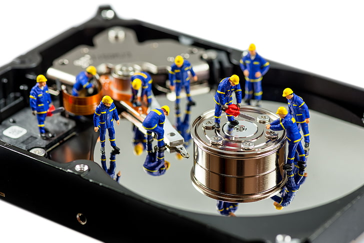 miniature figure of men working, doll, cleaning, Hard drives