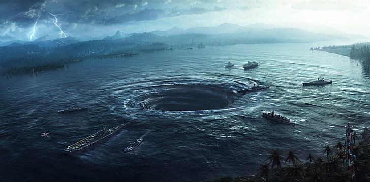 black ship lot, digital art, apocalyptic, sea, water, mountain