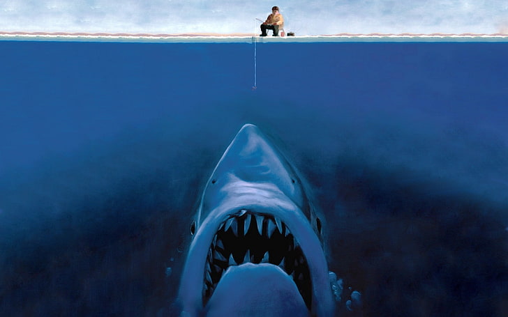 fisherman, Great White Shark, digital art, humor, water, sea, HD wallpaper