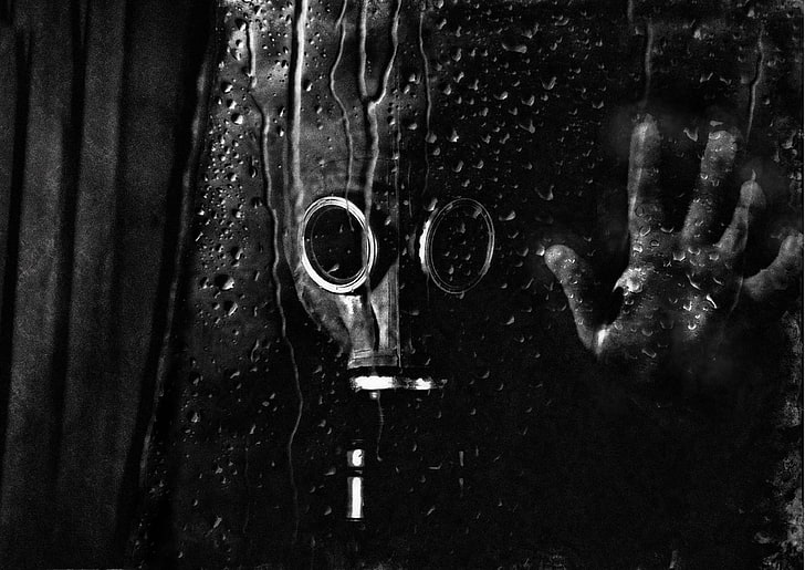 grayscale photo of man wearing mask, Drops, Glass, Hand, Radiation