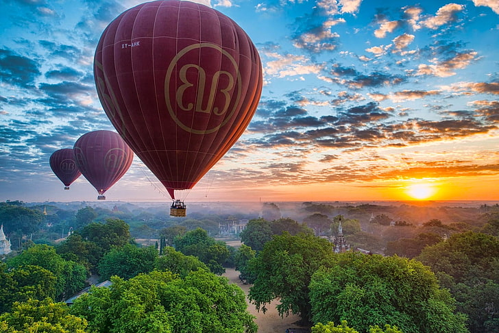 three pink hot air balloons, the sky, sunset, panorama, Myanmar
