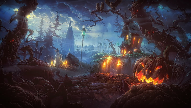 castle, trees, and pumpkin digital wallpaper, Halloween, Terror