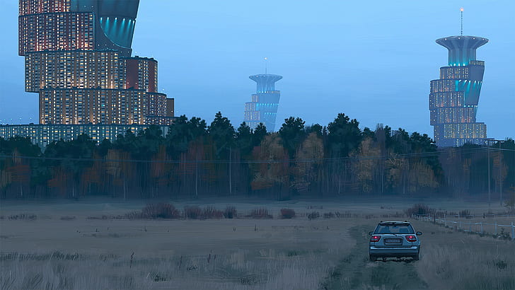 gray vehicle, Simon Stålenhag, field, forest, science fiction, HD wallpaper