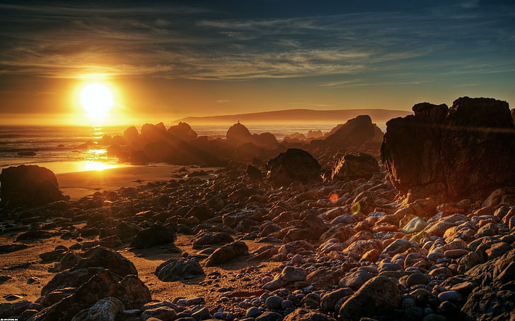 rock, coast, sunset, beach, landscape, sunlight, sky, beauty in nature, HD wallpaper