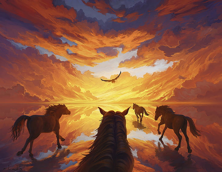 Artem RHADS, painting, sky, clouds, evening, horse, eagle, water