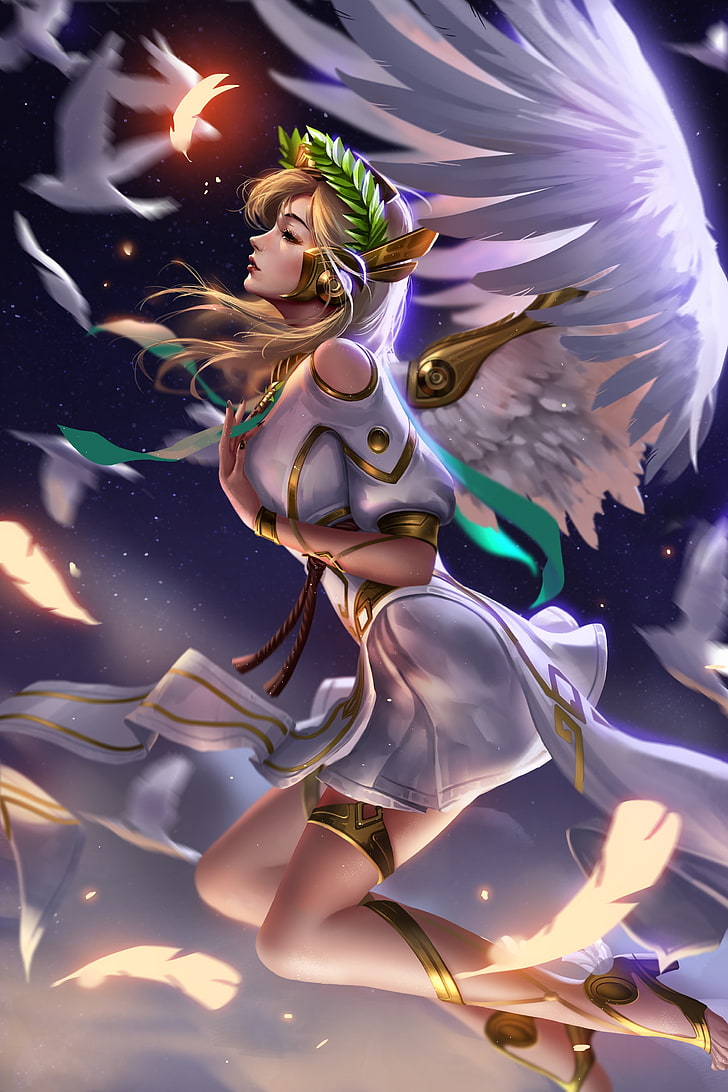 heels, Liang-Xing, Mercy (Overwatch), wings, illuminated, art and craft, HD wallpaper