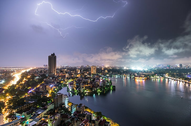 Man Made, Hanoi, Lightning, Vietnam, architecture, city, building exterior