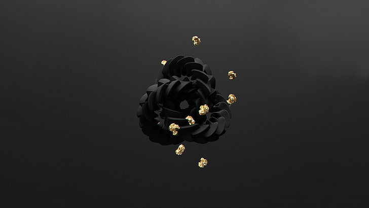 black leather wreath, 3d object, gold, minimalism, mid-air, studio shot