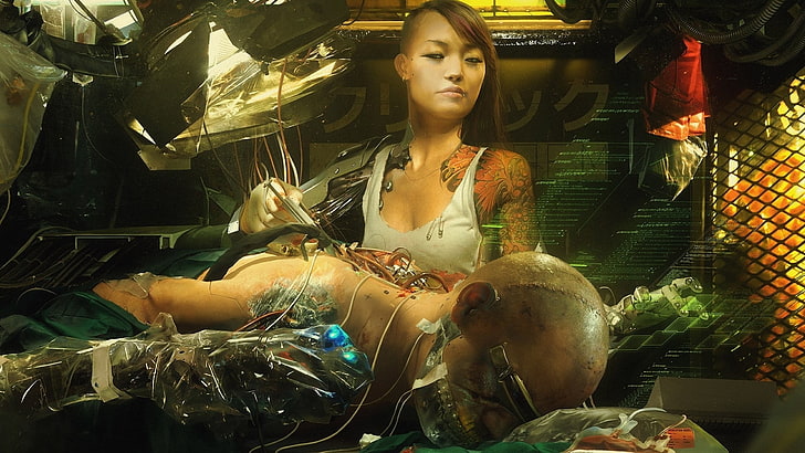 artwork, fantasy art, cyborg, women, doctors, cyberpunk, one person