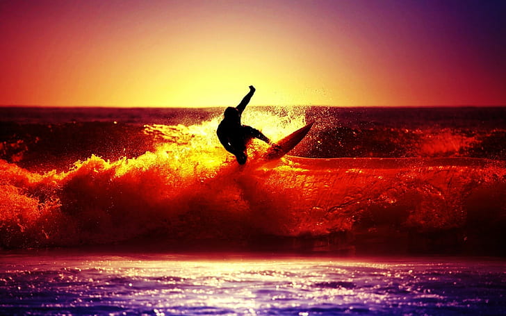 photography, sea, water, sunset, surfers, waves, depth of field