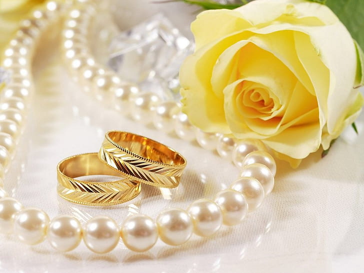 Wedding, Ring, Flowers, Pearl, Photography, Depth Of Field, yellow rose ; white beaded necklace and gold rings