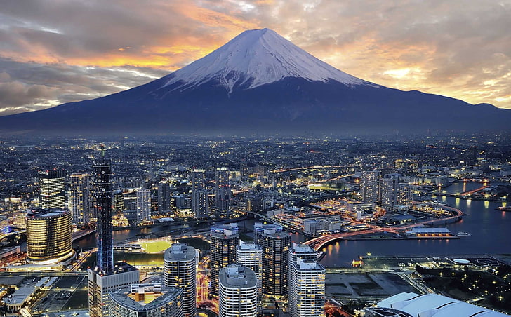 gray high-rise buildings, Japan, Mount Fuji, mountain, sky, city, HD wallpaper