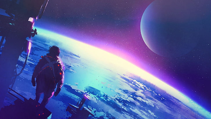 astronaut and planet Earth, digital art, science fiction, landscape