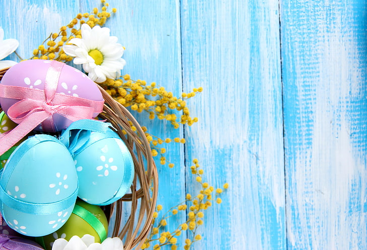 Easter eggs, flowers, tree, chamomile, spring, pastel, blue, delicate