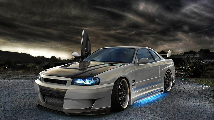 Hd Wallpaper White And Gray Nissan Gt R Coupe Neon Skyline Car Luxury Wallpaper Flare
