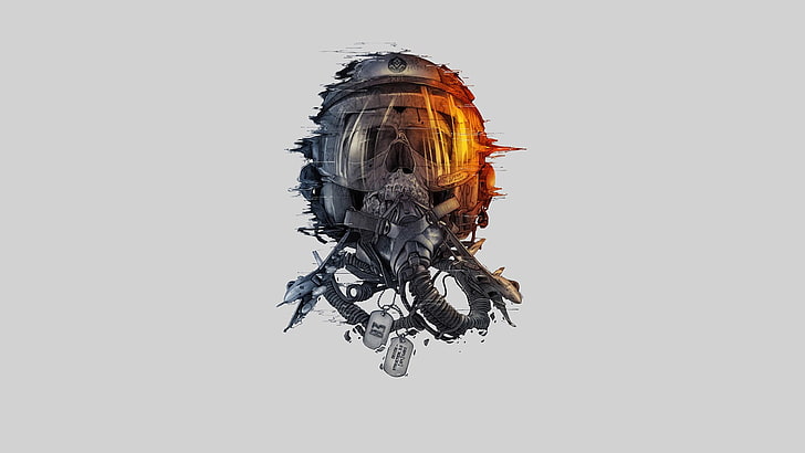brown and orange helmet artwork, digital art, pilot, skull, simple background