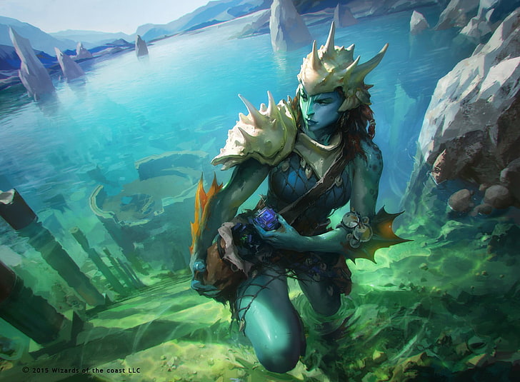 character in body of water, fantasy art, underwater, nature, day