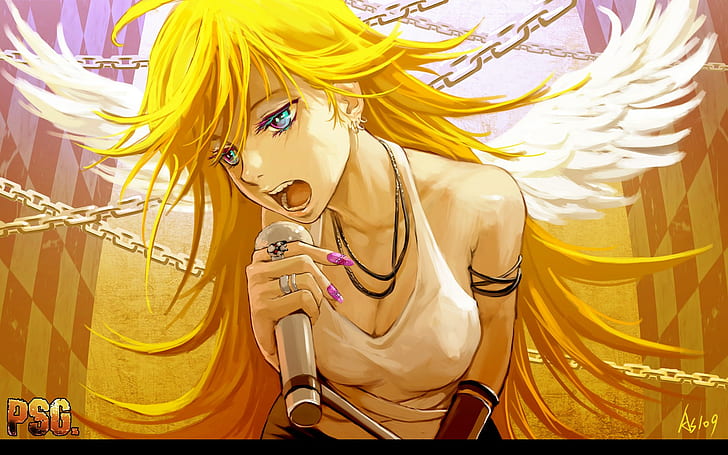 angel, anime, anime girls, Anarchy Panty, singing, blonde, open mouth, HD wallpaper