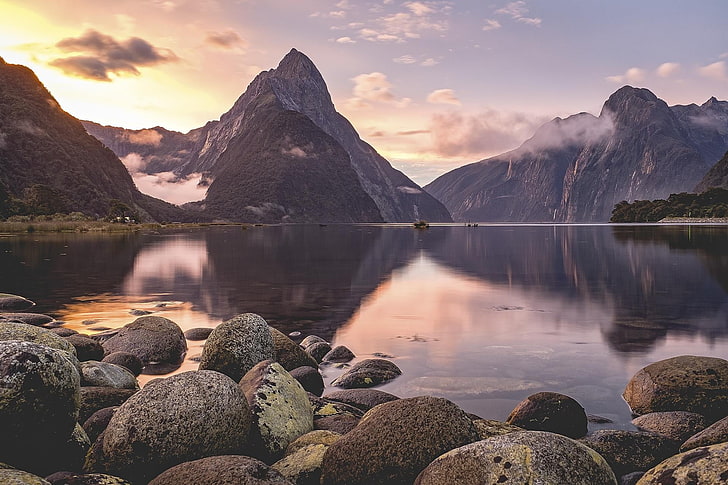 New Zealand, Milford Sound, rock, lake, mountains, sunset, clouds, HD wallpaper