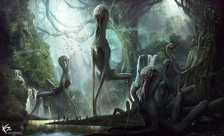 waterfalls painting, alien in forest, fantasy art, artwork, digital art