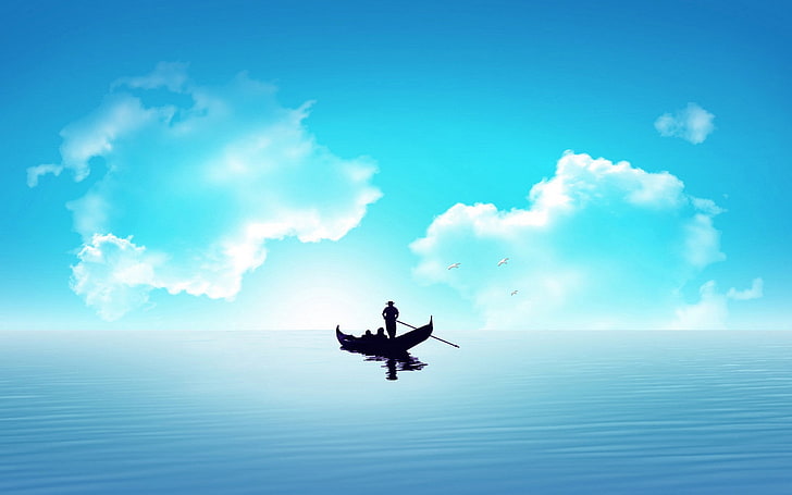 sea, boat, sky, cloud - sky, water, one person, real people, HD wallpaper