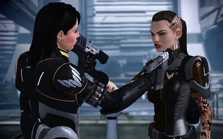 two women game character holding handgun digital wallpapers, Mass Effect