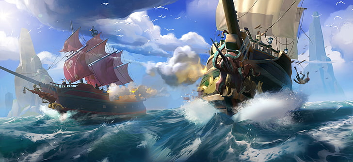 fantasy art, artwork, sailing ship, pirates, sea, nautical vessel